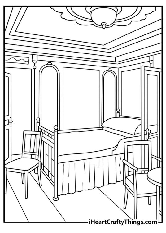 first cabin with an elegant bed makes this titanic coloring page