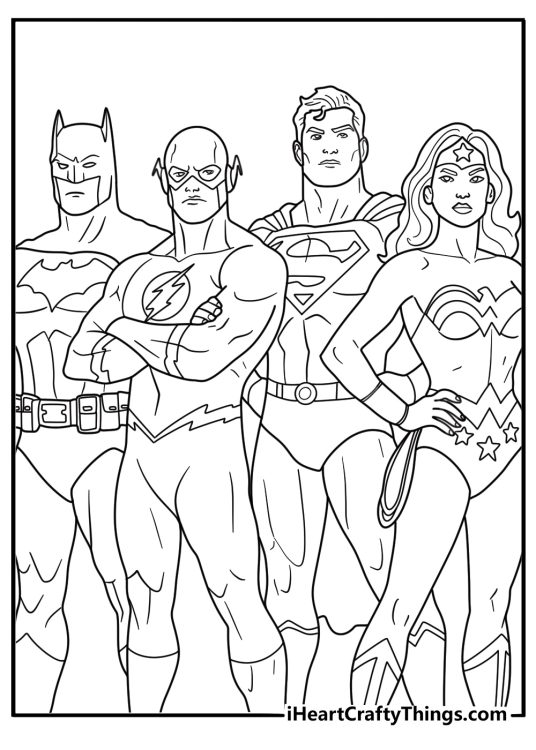 flash standing with justice league teammates printable coloring page