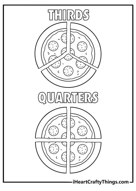 fractions coloring page pizza slices showing halves thirds and quarters for kids printable pdf
