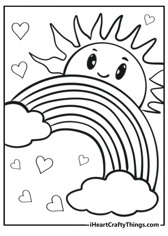 Printable page of a cartoony sun with happy face looking over the rainbow with hearts all around
