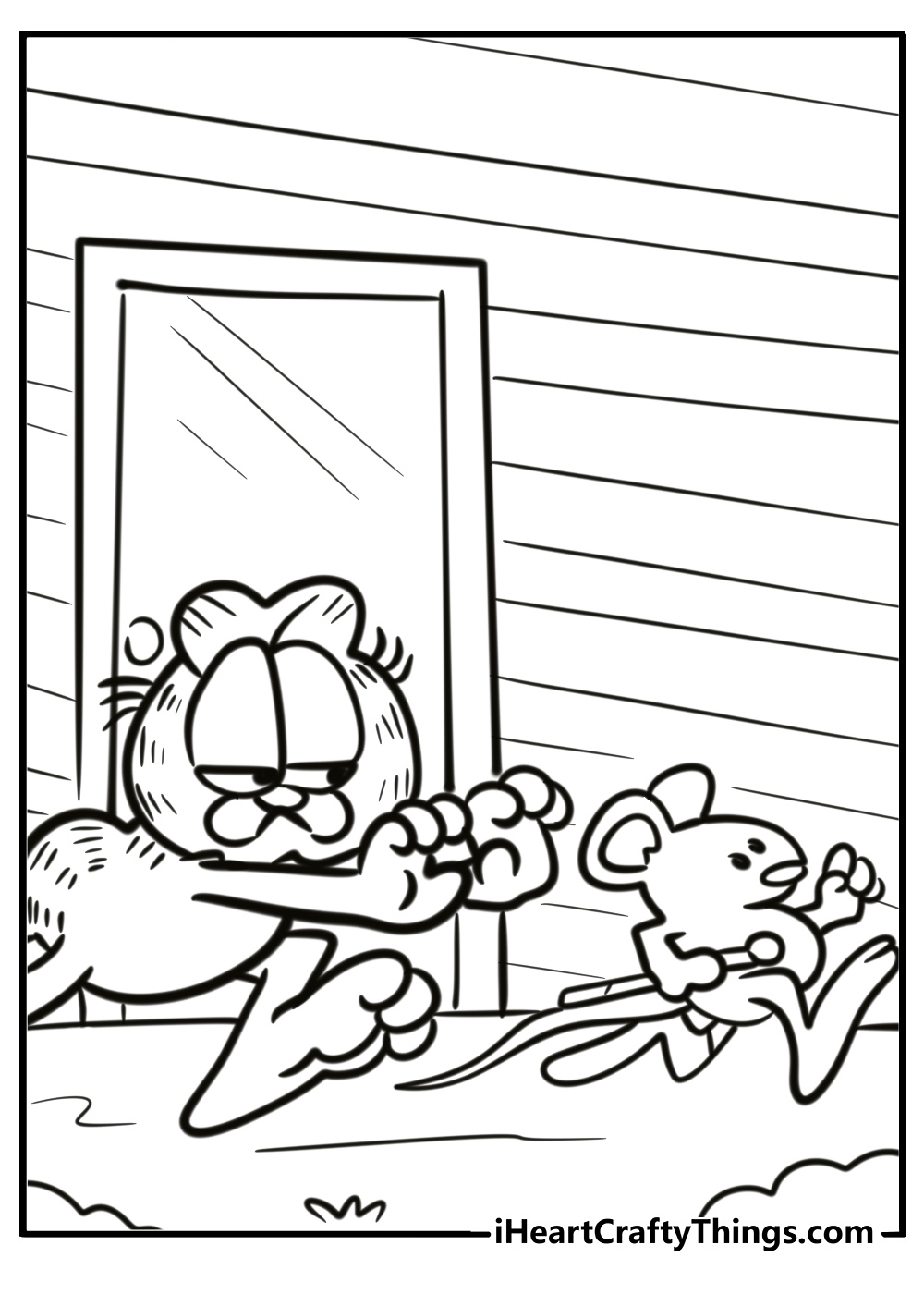 Garfield chasing a mouse around the house free printable page