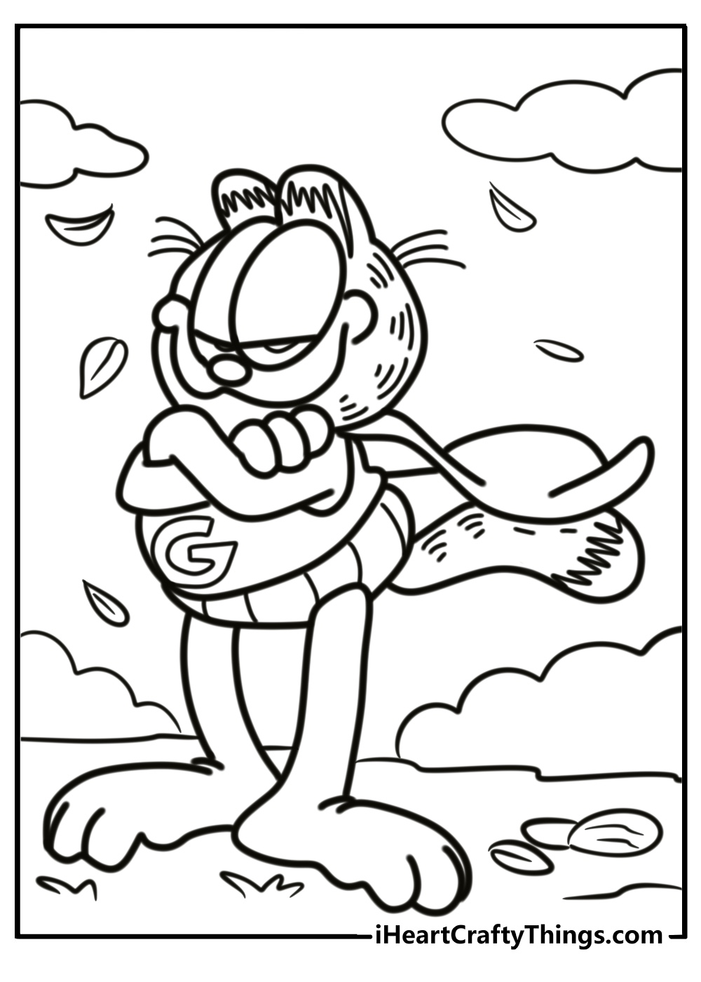 Garfield dressed as a superhero ready for action coloring page