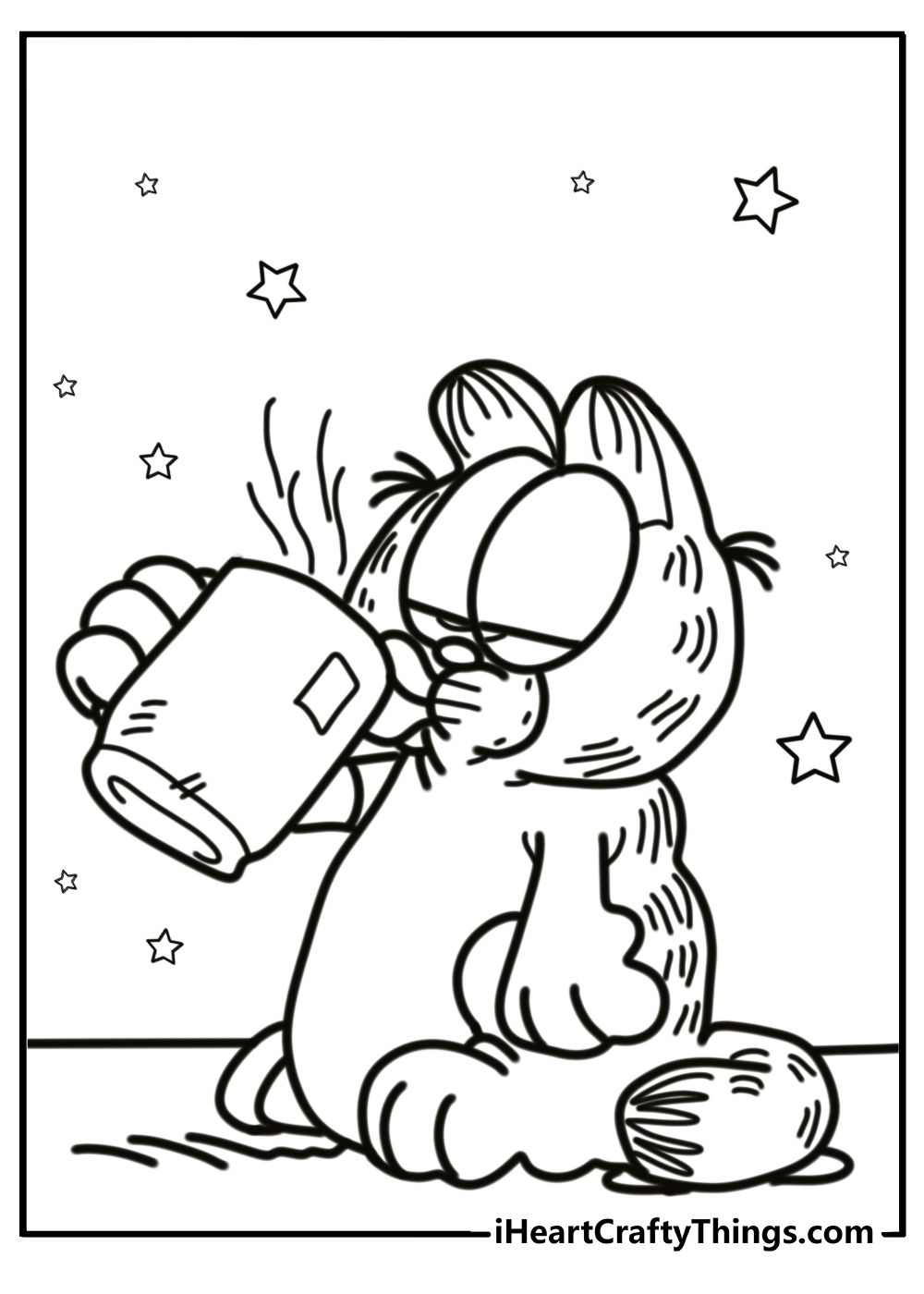 Garfield holding a coffee cup and looking grumpy free coloring page