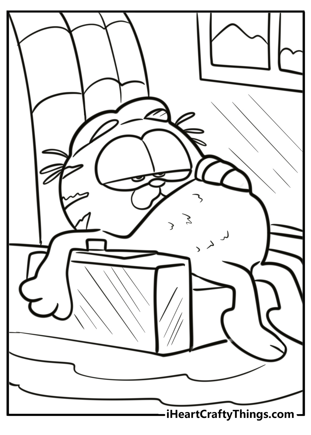 Garfield lounging on a sofa with a sleepy face coloring sheet