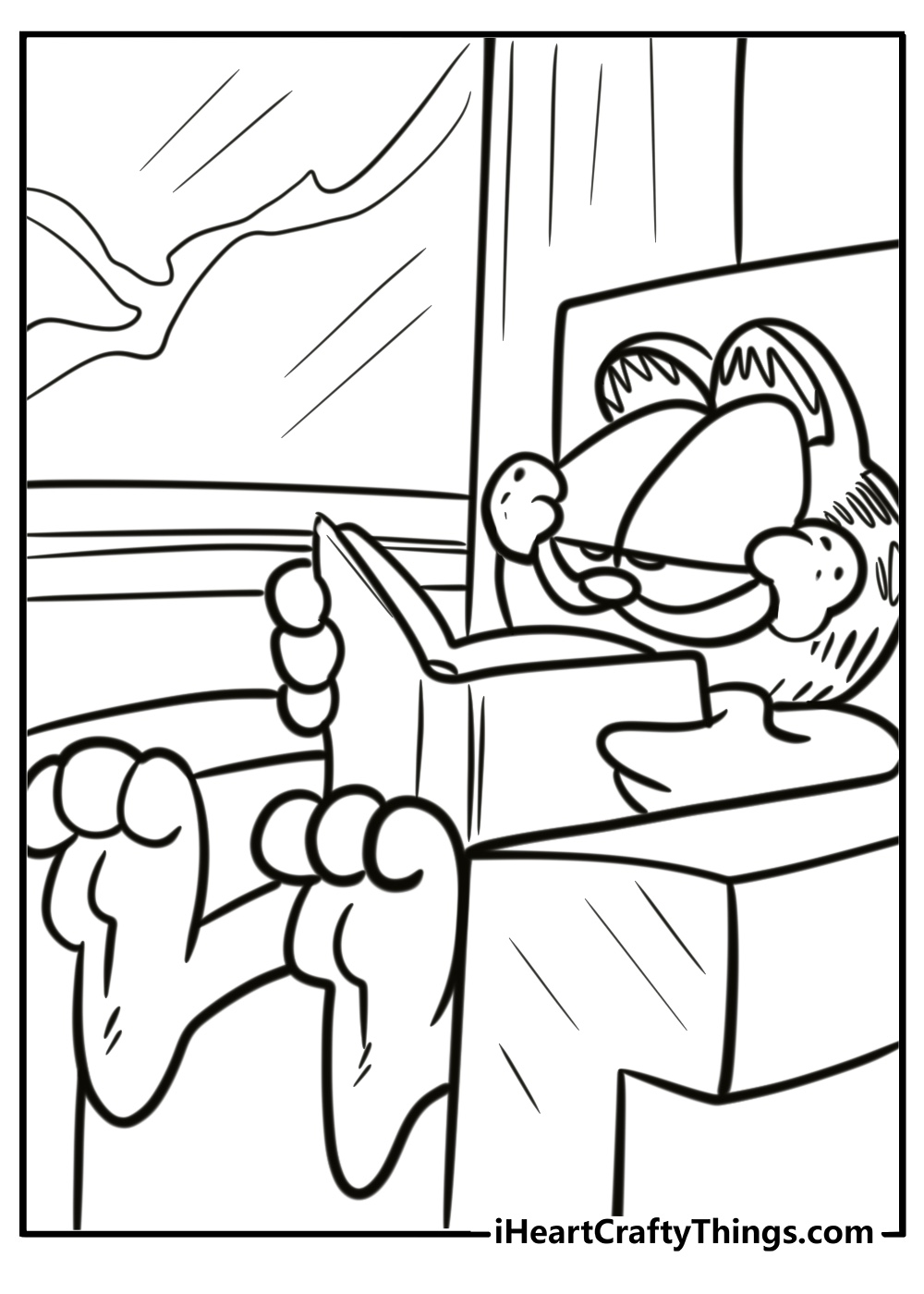 Garfield reading a book and munching snacks coloring sheet