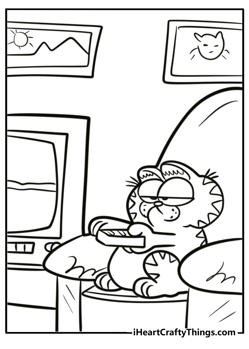 Garfield watching tv and holding a remote coloring sheet