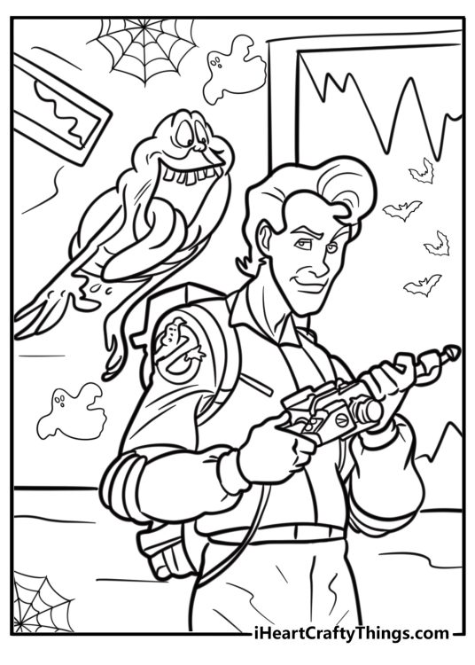 Ghostbusters fighting ghosts in a haunted house coloring page