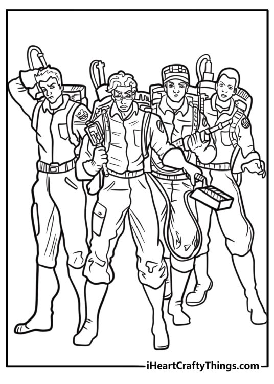 Ghostbusters team holding their proton blasters ready for action free coloring page