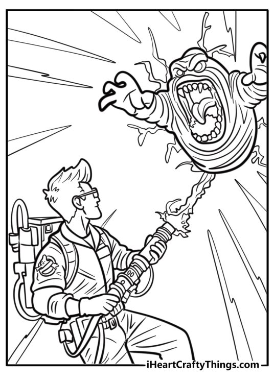 Ghostbusters zapping a ghost with proton beams detailed coloring sheet