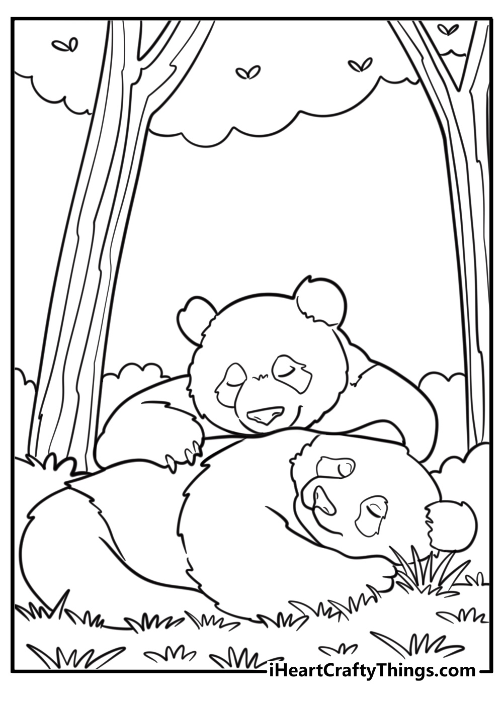 Giant panda family resting together in nature fun coloring sheet