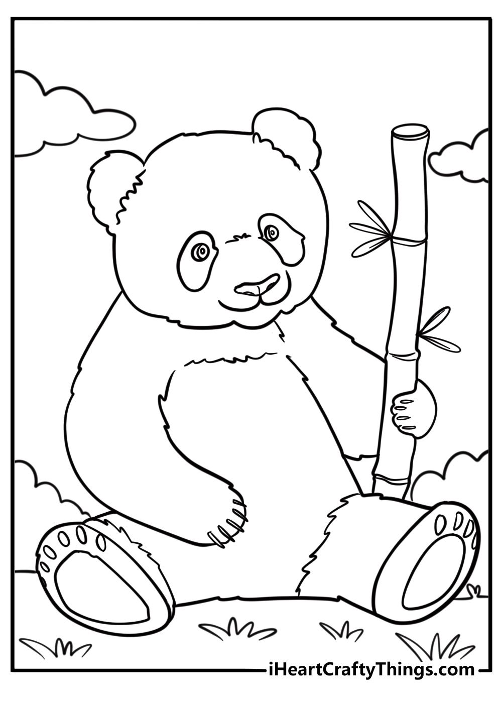 Giant panda holding a bamboo stick free simple coloring page