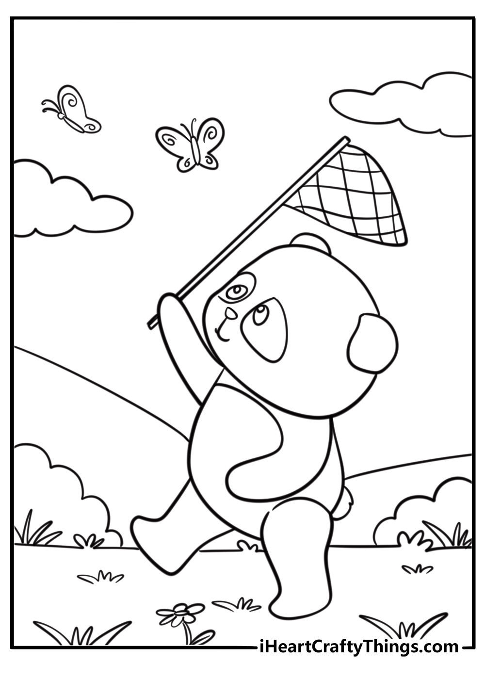 Giant panda playing with a butterfly in a peaceful scene coloring page