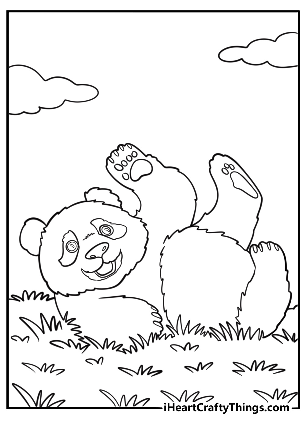 Happy giant panda rolling on the ground free cute coloring page