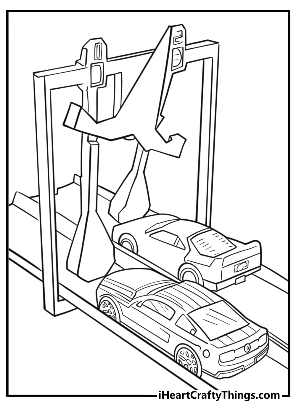 Hot wheels finish line with speeding cars fun coloring page