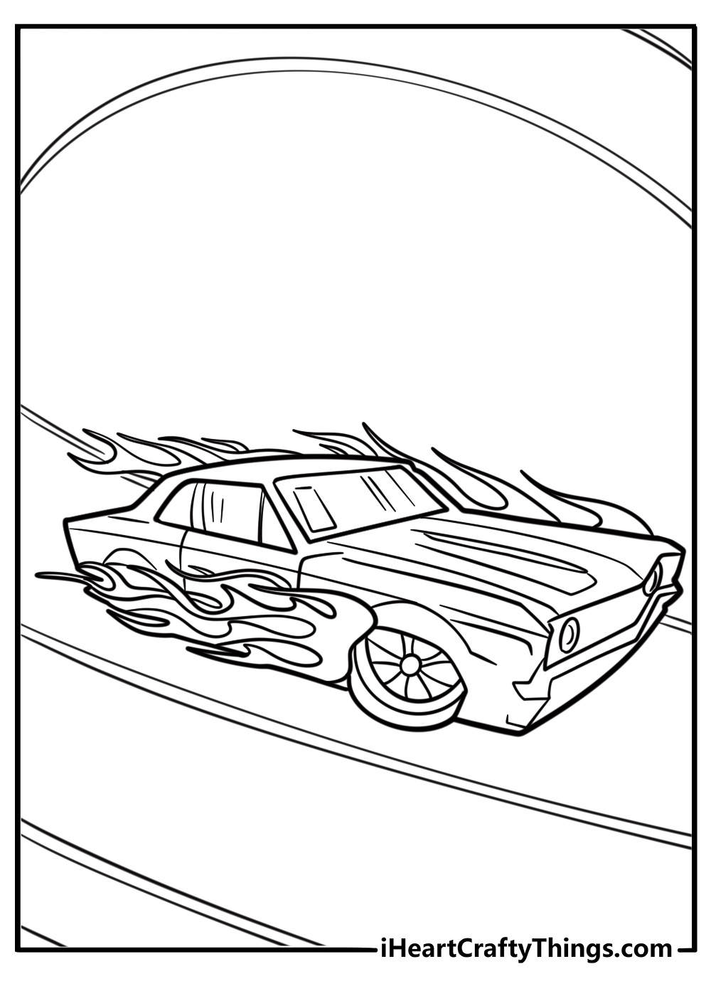 Hot wheels muscle car with flames on the side printable coloring sheet