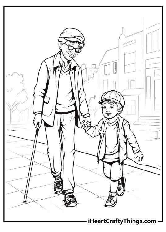 Detailed kindness-themed picture of a little boy helping older person to cross the street