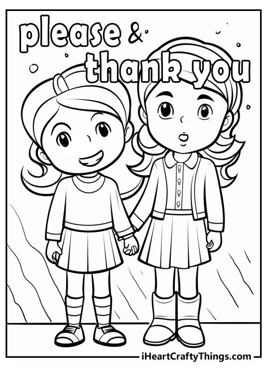Kindness-themed card with two girls holding hands and a phrase please&thank you