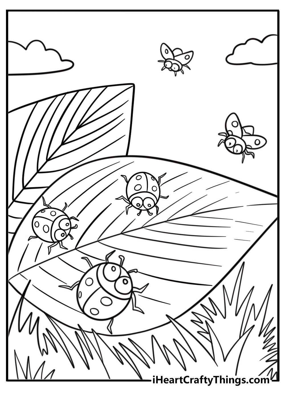 Ladybug crawling on a leaf spring coloring page
