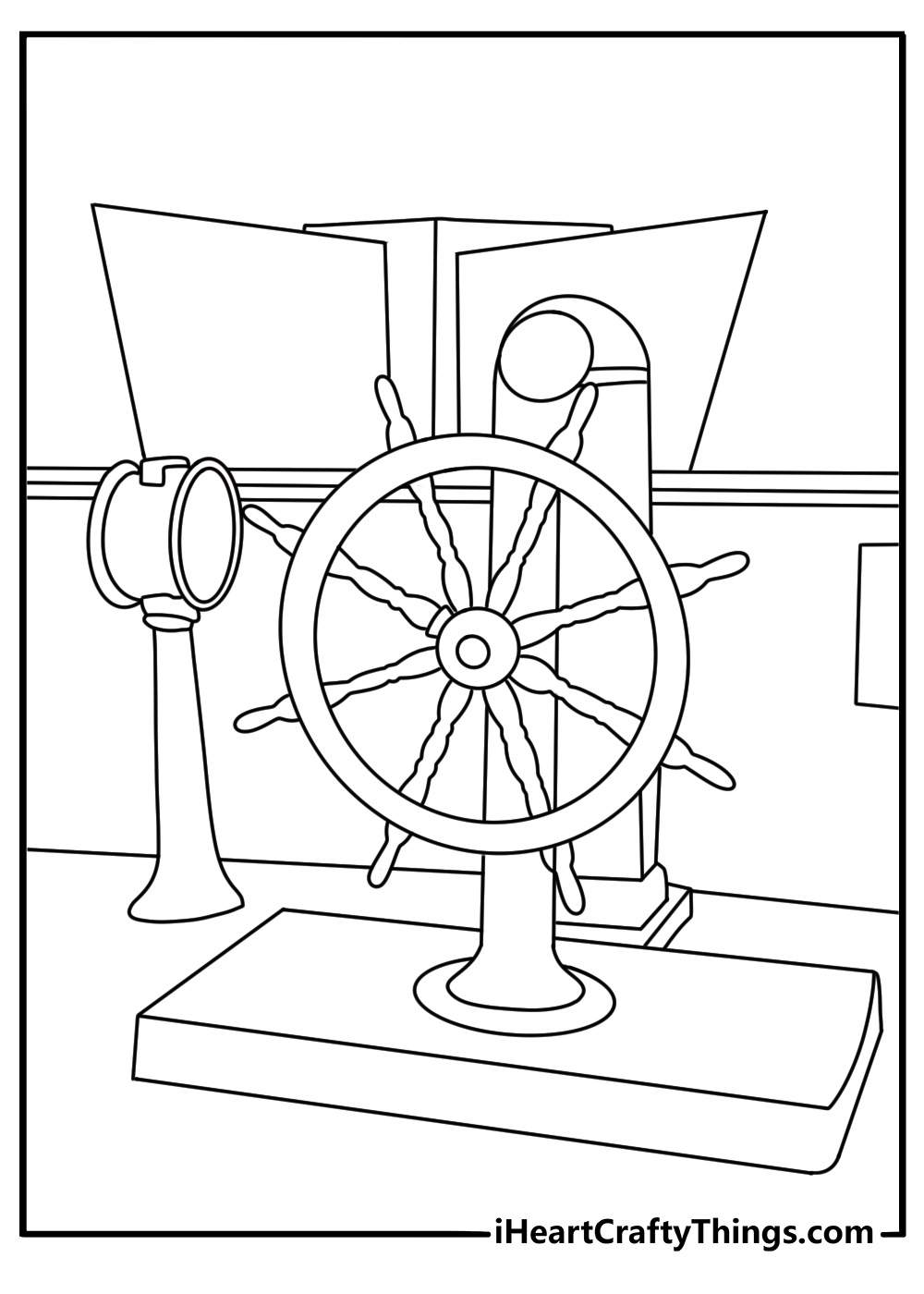 large wooden steering wheel appears in this simple ship coloring printable