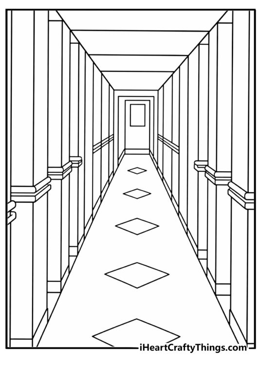 long corridor with cabin doors fills this detailed ocean liner coloring page
