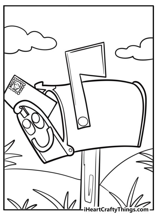 Mailbox smiling with a letter detailed coloring sheet
