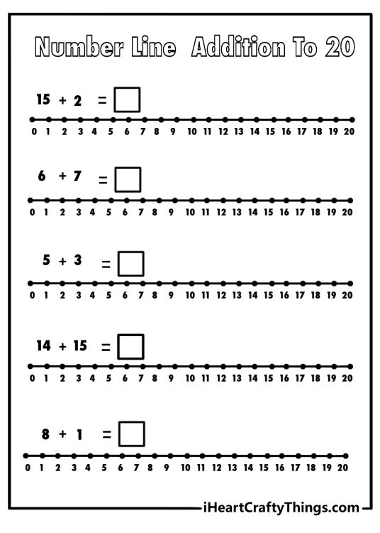 math coloring page for kids number line from 0 to 20 with easy addition problems printable pdf