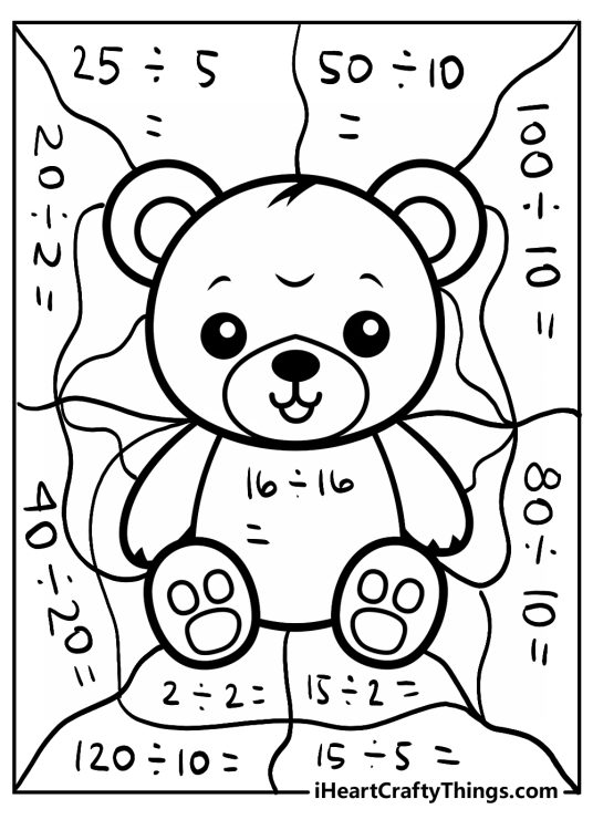 Math printable page featuring cute teddy bear in the centre with various division equations in the background