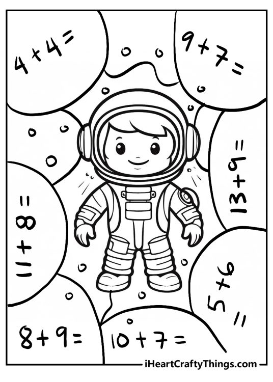 Coloring picture featuring an astronaut floating in front of addition math problems