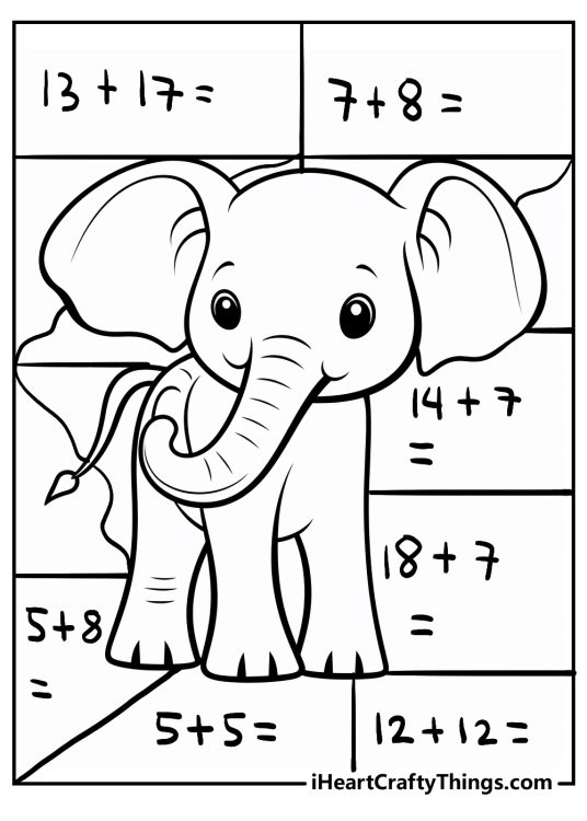 Free printable for kids of a cute elephant surrounded by math problems focused on addition