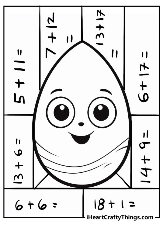 Printable with a happy egg at the center of the page surrounded by addition math problems