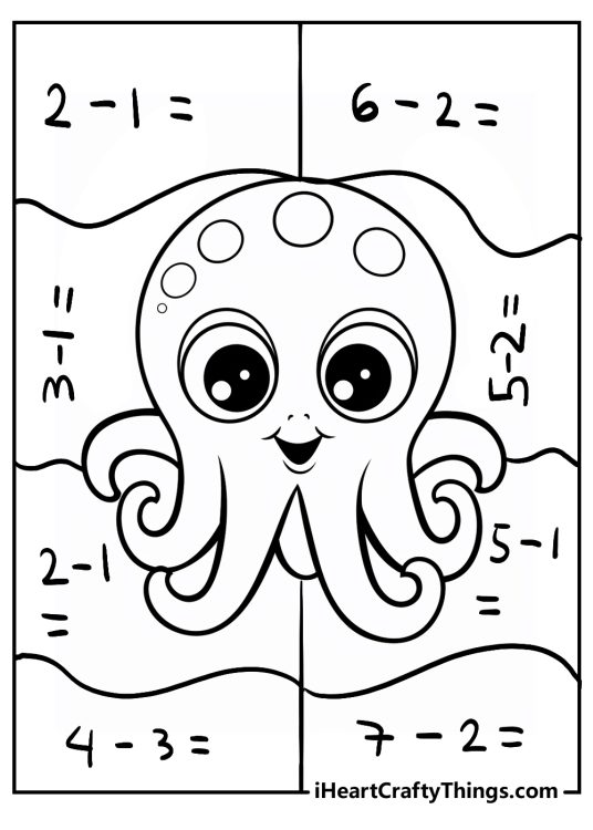 Math-themed picture to print and color featuring octopus surrounded by 8 different math equations