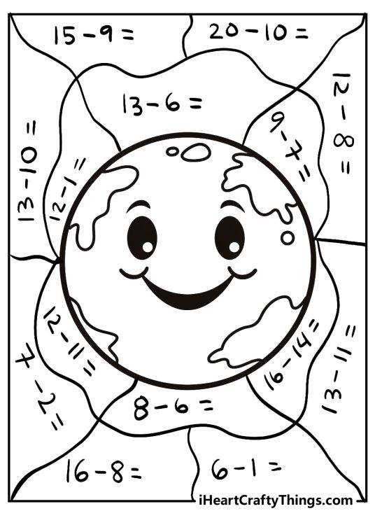 Math printable page of a planet earth with smiling face surrounded by plenty subtraction problems