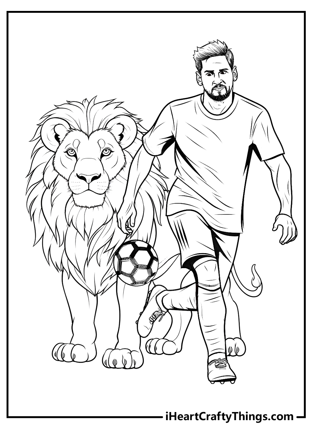 Printable coloring picture for children presenting Messi posing with a majestic lion