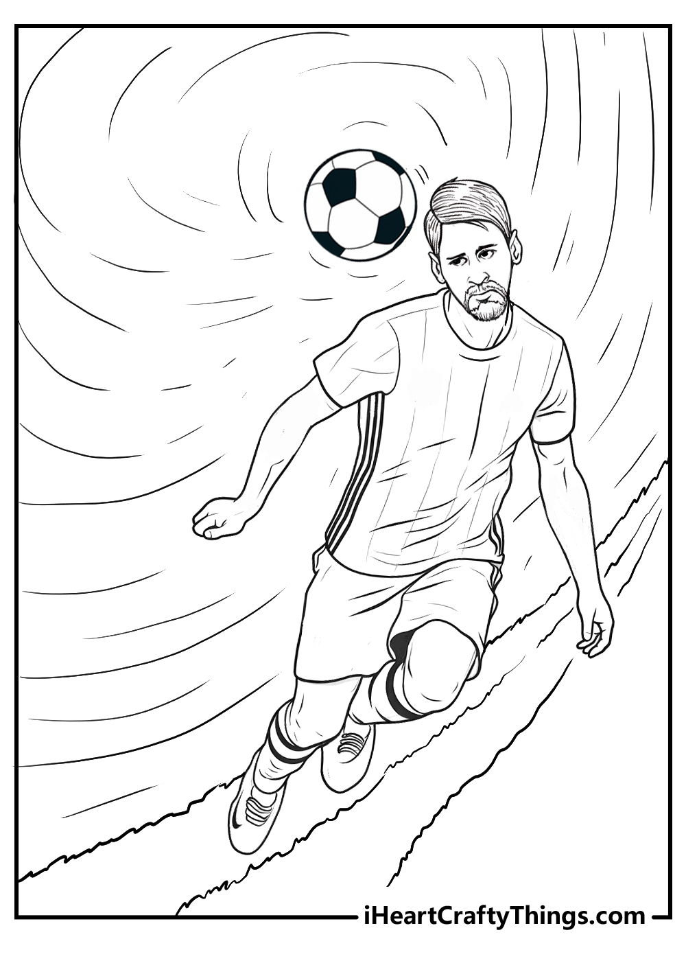 Detailed coloring image for adults featuring an awesome scene of a Messi performing a header move