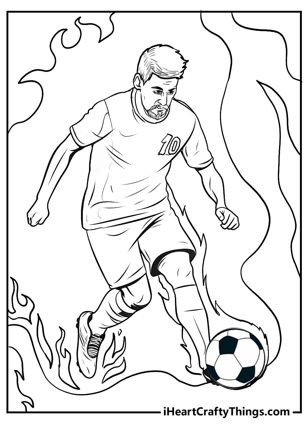 Free printable coloring page of a Messi during game presented surrounded with flames