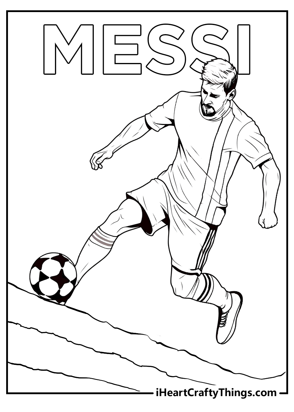 Coloring poster of a Messi going in for a kick with name MESSI written in block letters above him