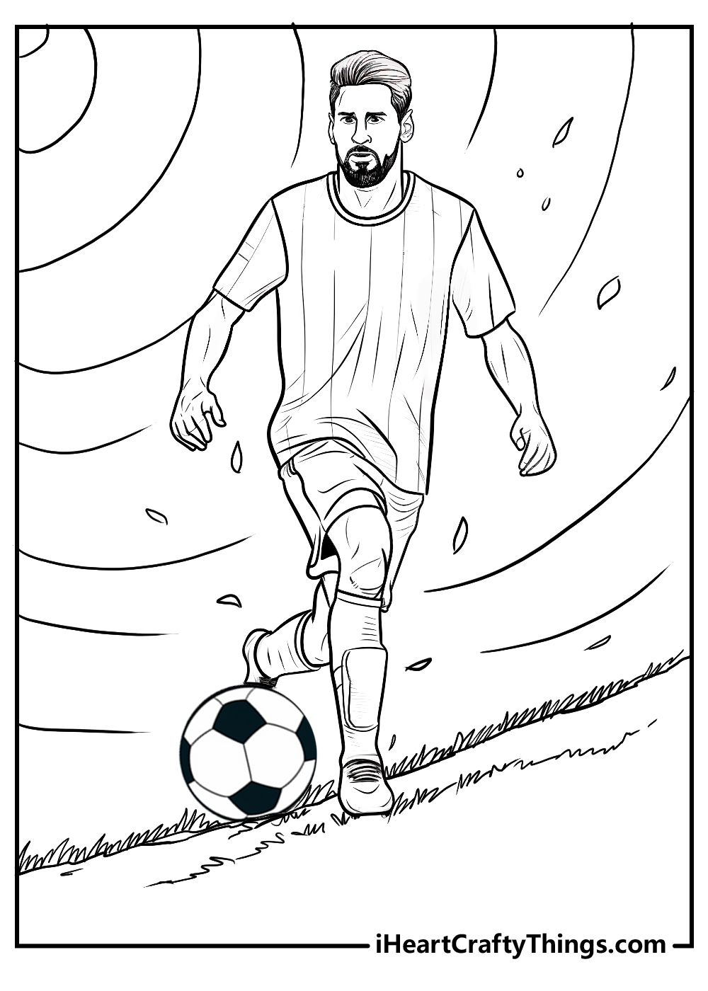 Messi-themed coloring sheet presenting focused Messi in a tense moment during a game