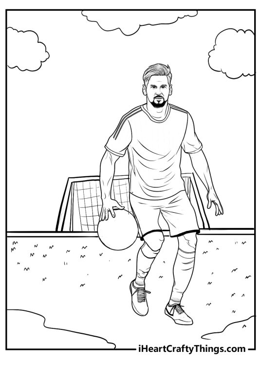 Deatiled coloring printable for kids featuring Messi carrying the ball in his hand