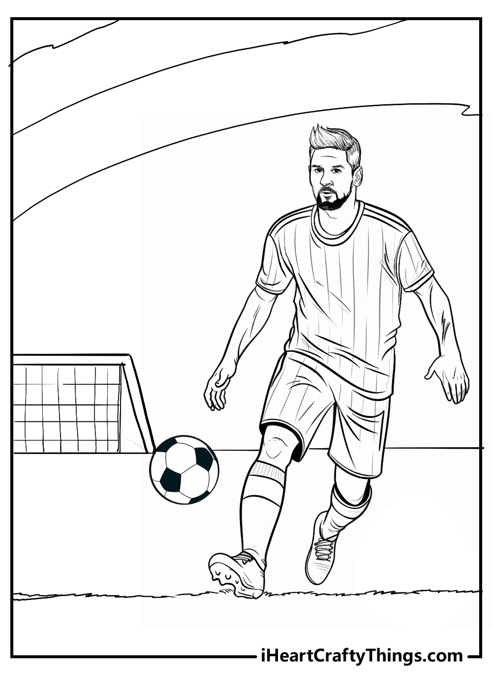 Detailed coloring poster for kids featuring concentrated Messi close to the goalposts