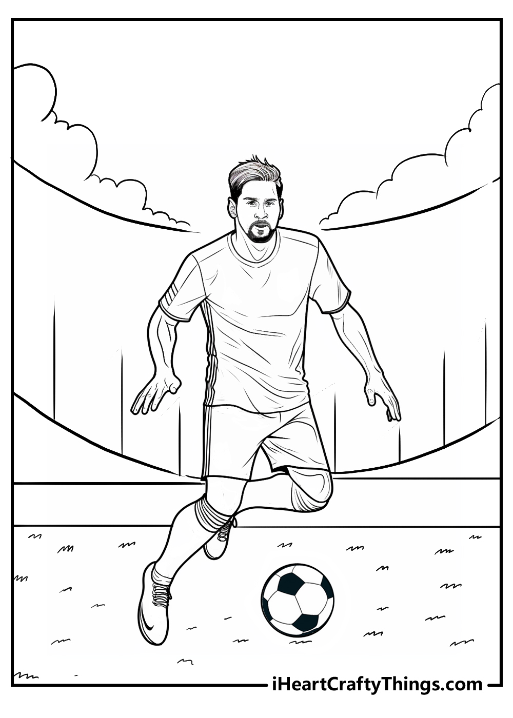 Printable coloring sheet presenting Messi featured playing in the football stadium