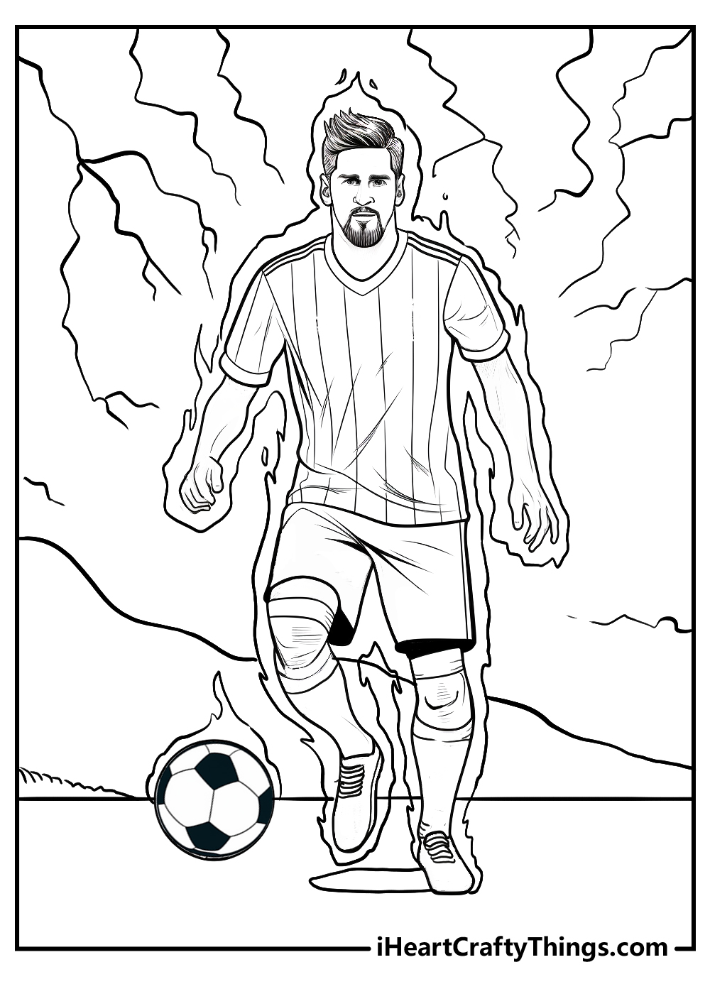 Free detailed coloring page featuring Messi surrounded by electricity and power effects