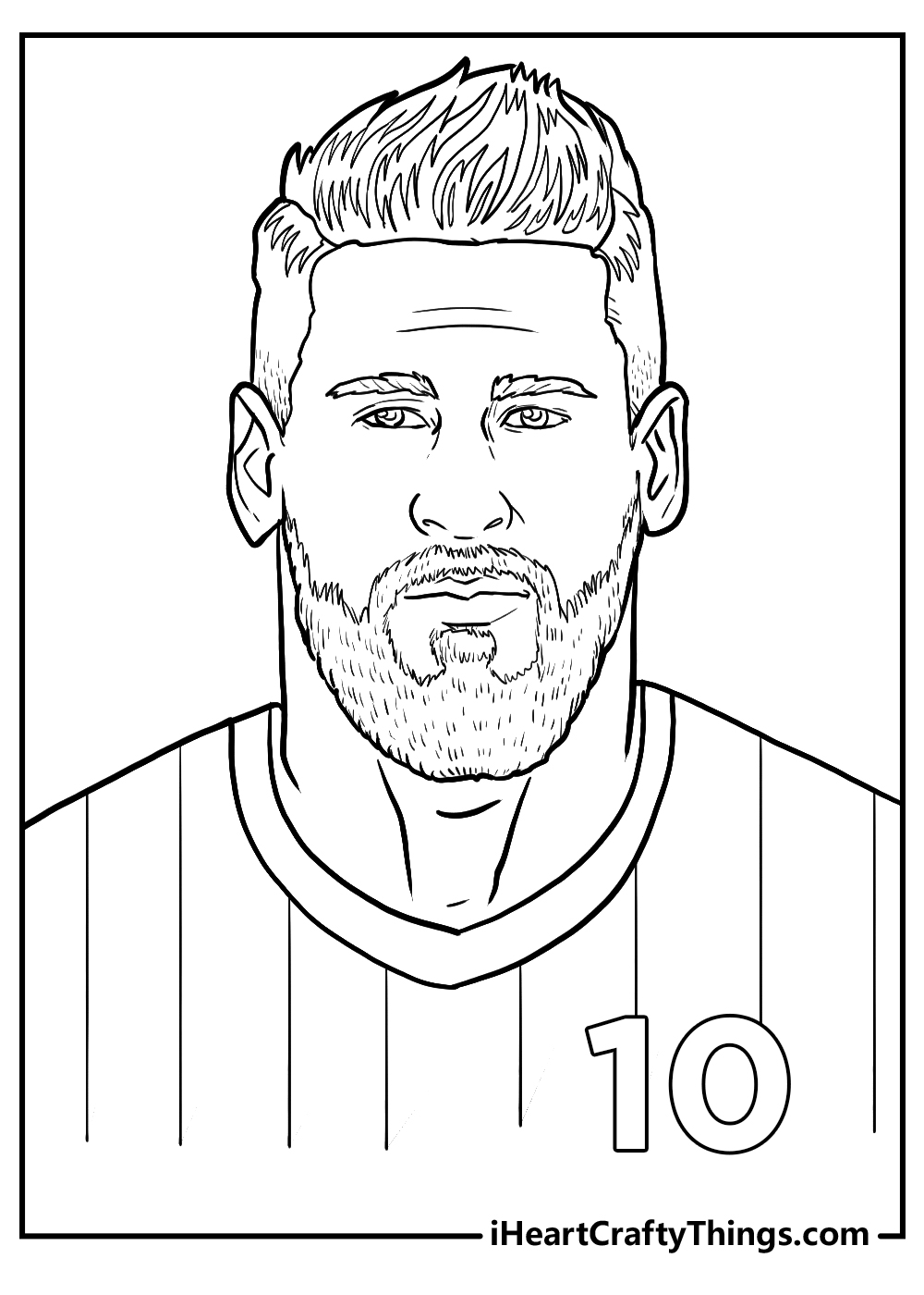 Detailed coloring page featuring close-up portrait of Messi wearing t-shirt with number 10