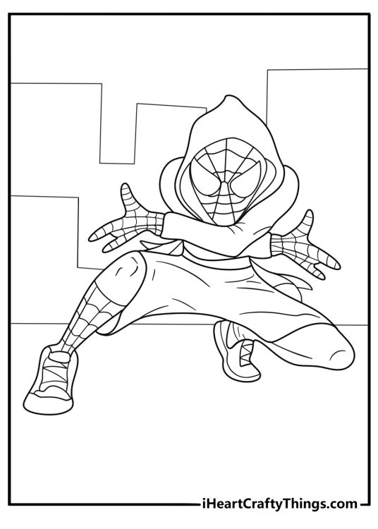 miles morales crouching on rooftop coloring page