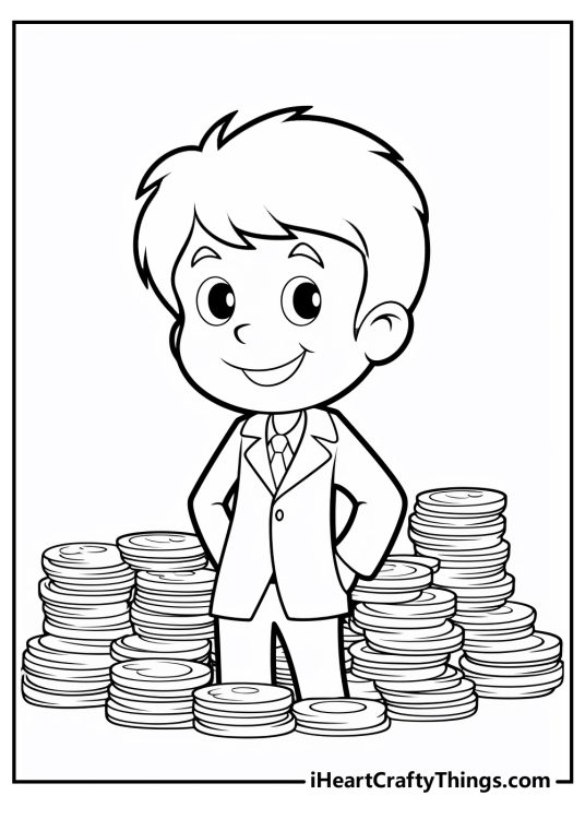 Money-themed coloring page of a fancy-looking kid wearing suit surrounded by some giant coins