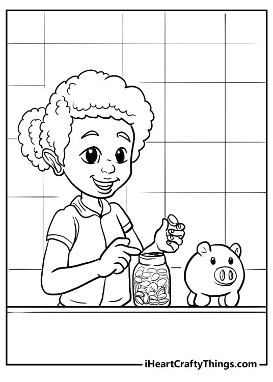 Free printable of a kid with a money jar full of coins and a piggy bank with background divided into many squares