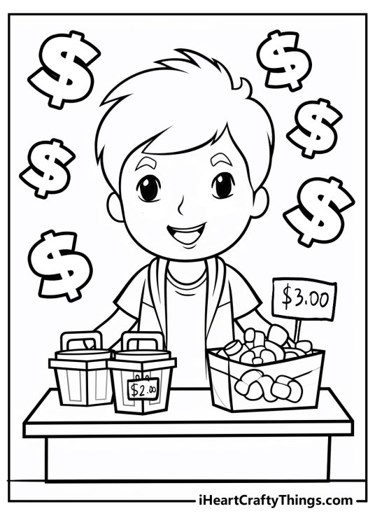 Coloring pdf featuring a kid selling some items to make some money surrounded by dollar signs
