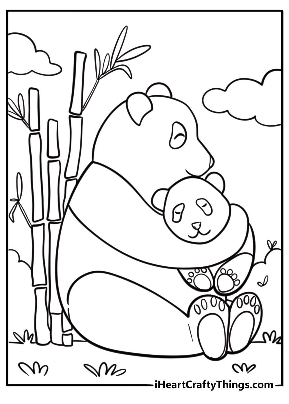 Mother giant panda and baby cuddling detailed coloring sheet