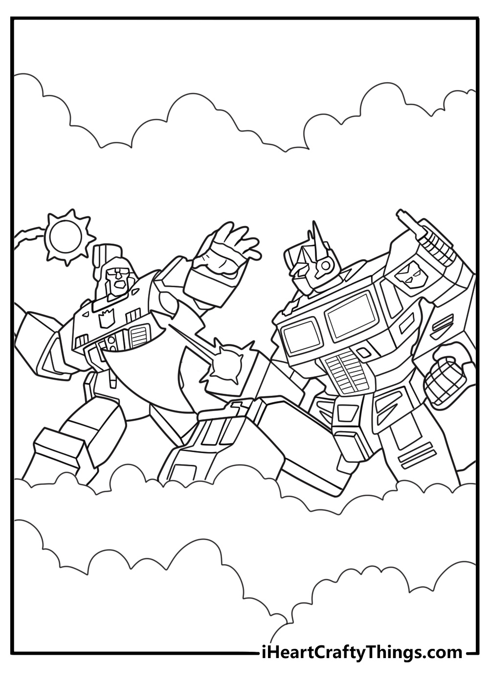 optimus and megatron squared off in a tense standoff a detailed adult coloring page