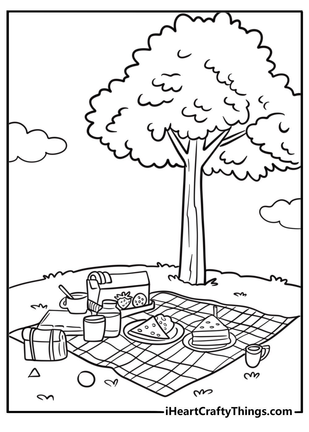 Picnic scene under a tree fun April coloring sheet