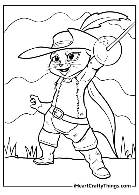 Puss in Boots coloring page for kids showing our feline hero brandishing his signature cutlass